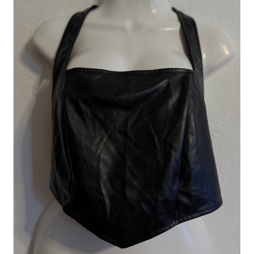 Love J Pleather Stretchy Cropped Black Top Size‎ Large Goth Punk Halter